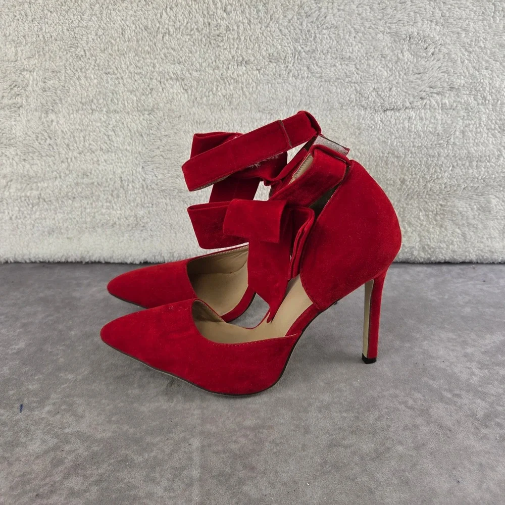 MM Joly Red Faux Suede Pointed Toe Bow Ankle Strap Pumps Stiletto Heels Size 9